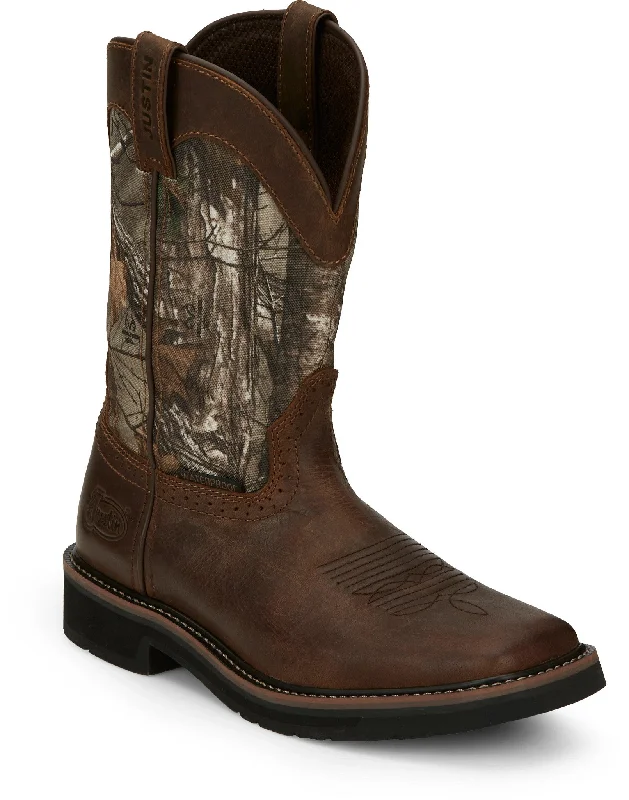 Justin Men's 11"" Waterproof Trekker RealTree Camo Pull-On Square Toe Work Boots