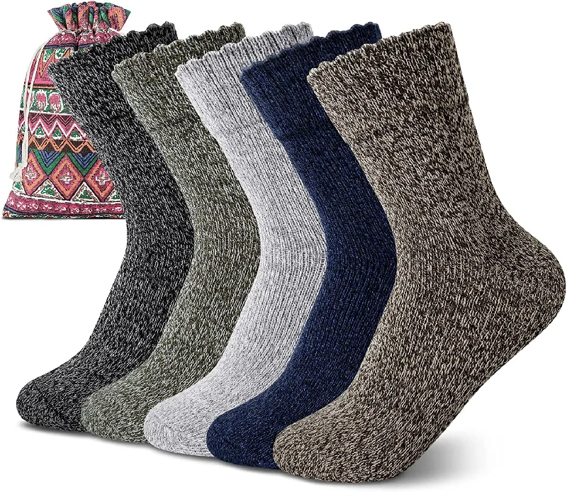 5 Pairs Women's Wool Socks, Winter Warm Knit Thick Cozy Socks, Casual Crew Cabin Socks