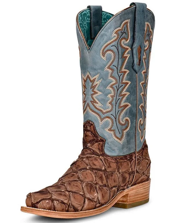 Corral Women's Brown and Blue Pirarucu Fish Cowboy Boot