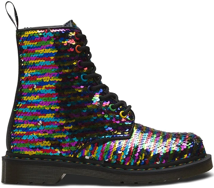 Dr. Martens Womens 1460 Pascal Sequin Boot Rainbow Multi/Silver