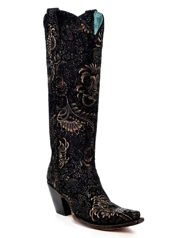 Women's Stamped Floral Suede Tall Top Western Boots