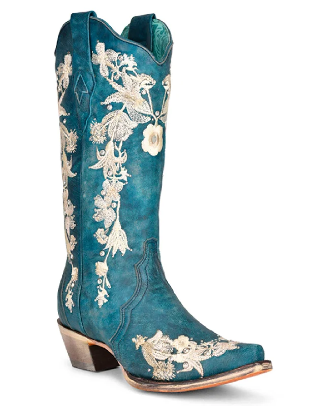 Women's Crystals and Floral Embroidery Western Boots