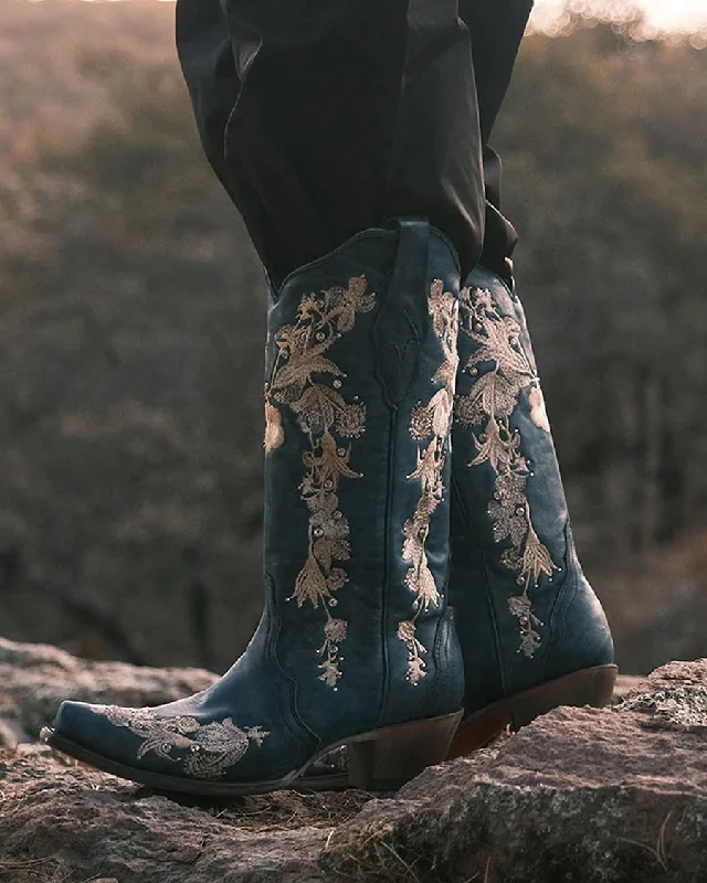 Women's Crystals and Floral Embroidery Western Boots