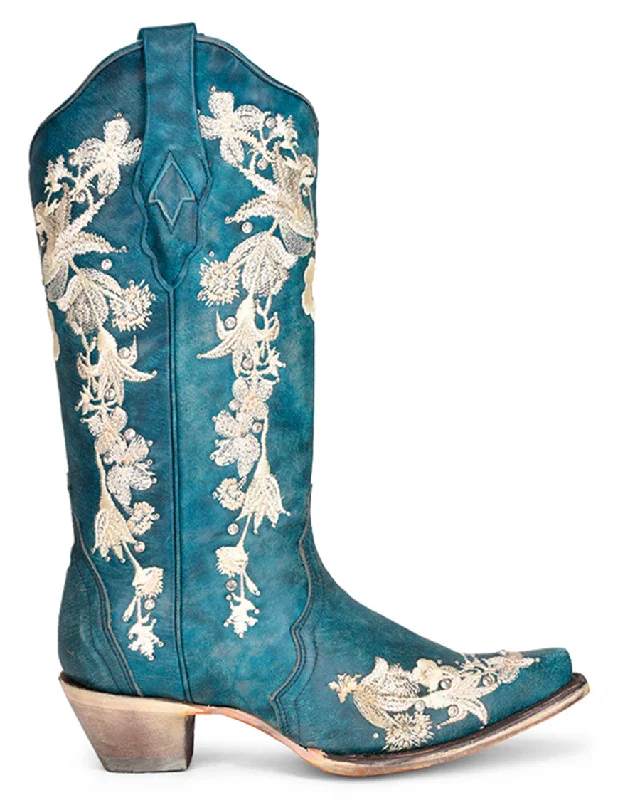 Women's Crystals and Floral Embroidery Western Boots