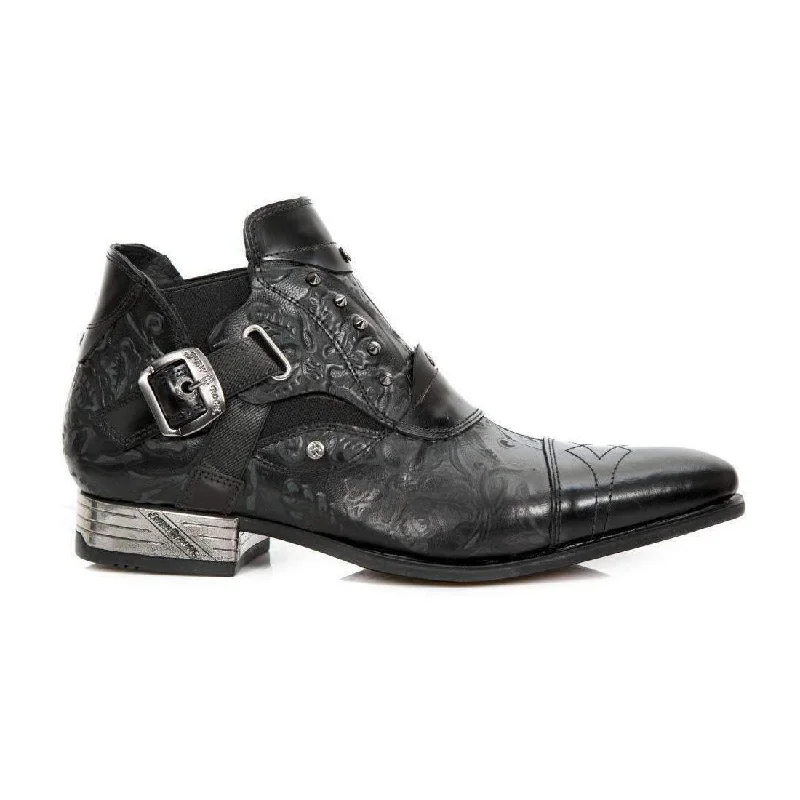 New Rock Men's Designer Shoes Anitque Polished Black Vintage Flower Black Steel Heel Boots NW135-S2 (NR1104)