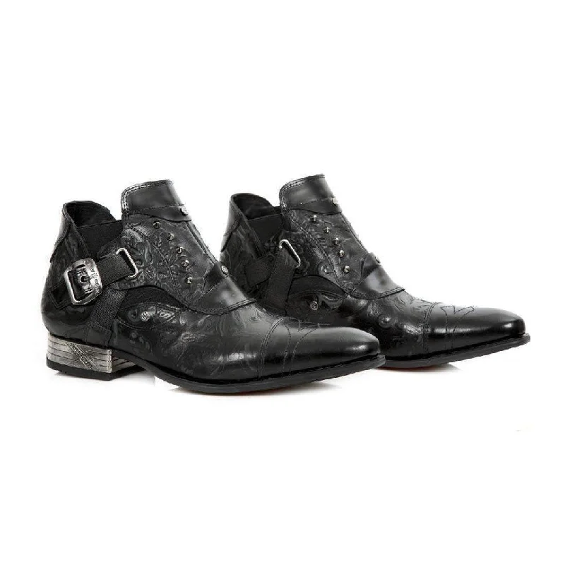 New Rock Men's Designer Shoes Anitque Polished Black Vintage Flower Black Steel Heel Boots NW135-S2 (NR1104)