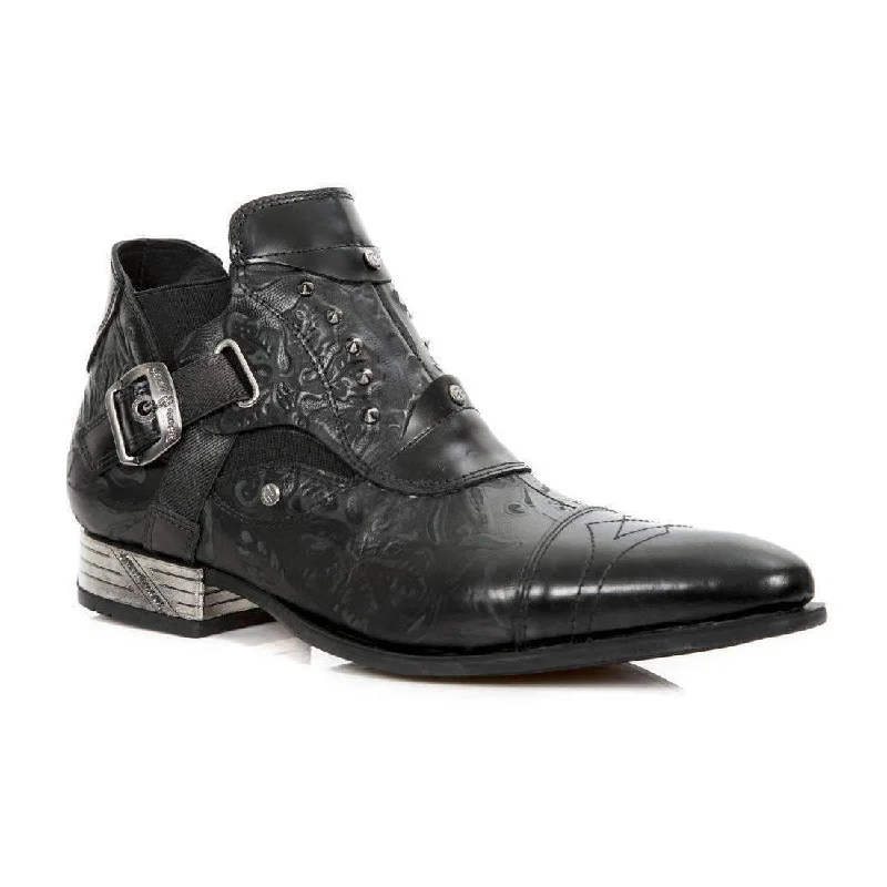 New Rock Men's Designer Shoes Anitque Polished Black Vintage Flower Black Steel Heel Boots NW135-S2 (NR1104)