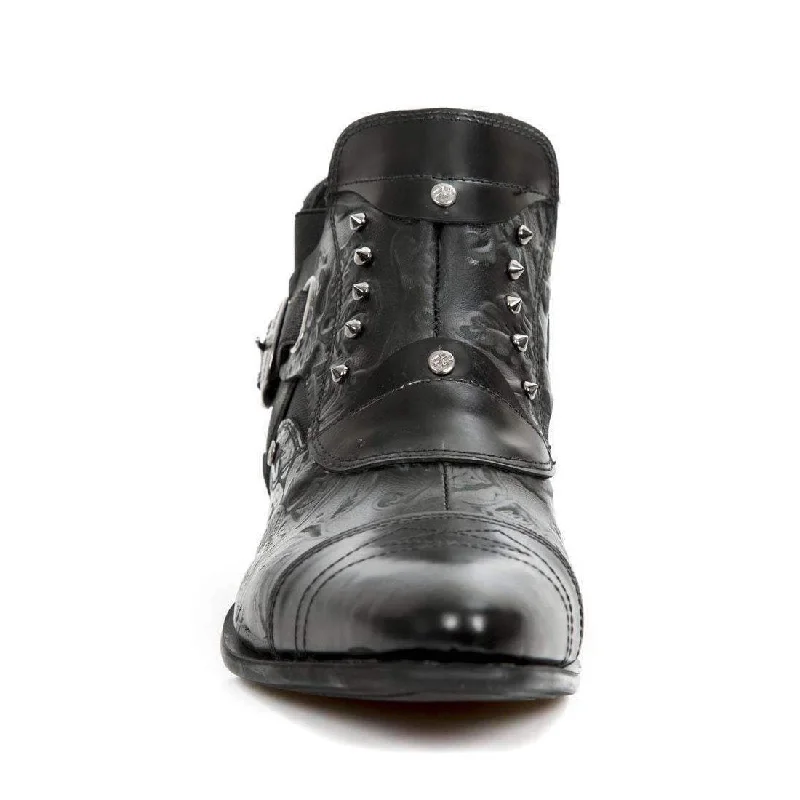 New Rock Men's Designer Shoes Anitque Polished Black Vintage Flower Black Steel Heel Boots NW135-S2 (NR1104)