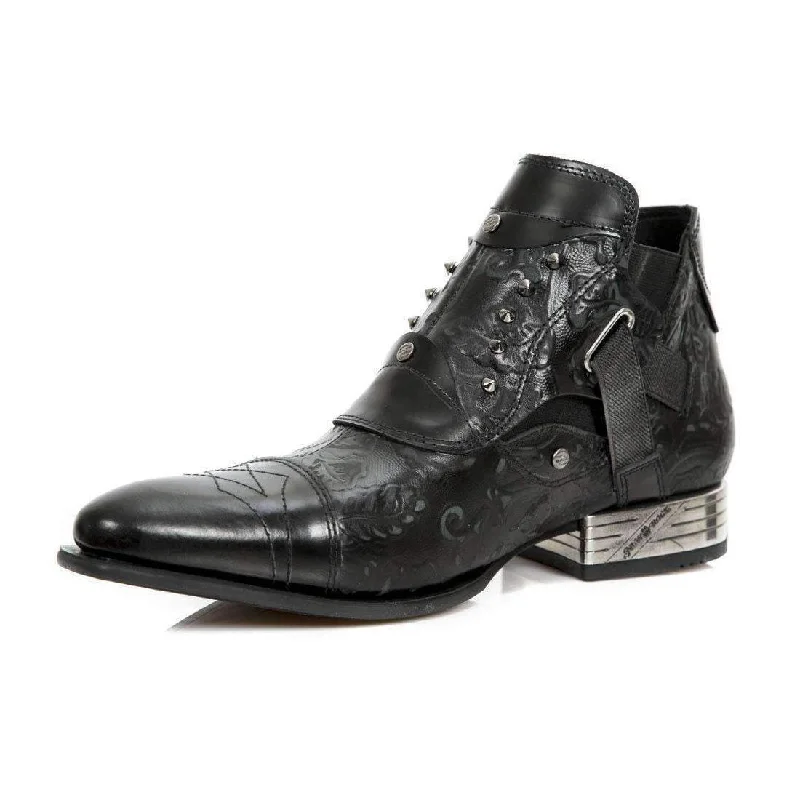 New Rock Men's Designer Shoes Anitque Polished Black Vintage Flower Black Steel Heel Boots NW135-S2 (NR1104)