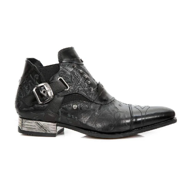 New Rock Men's Designer Shoes Antique Polished Black Vintage Flower Black Steel Heel Boots NW135-S2 (NRS1104)