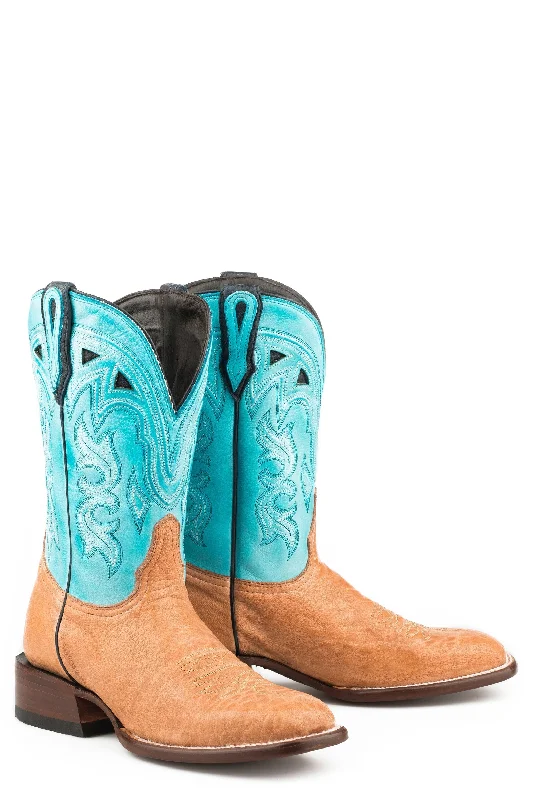 STETSON WOMENS FLORENCE TAN CALF VAMP SKY BLUE COWBOY BOOT STYLE 12-021-1850-0151