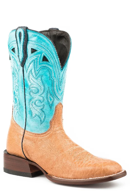 STETSON WOMENS FLORENCE TAN CALF VAMP SKY BLUE COWBOY BOOT STYLE 12-021-1850-0151