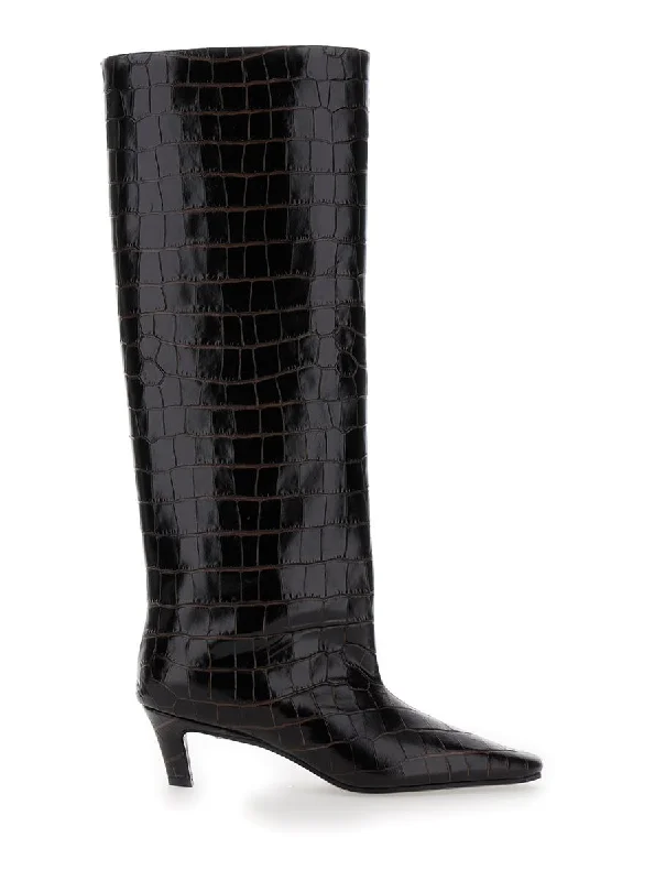 'The Wide Shaft' Brown Pull-On Boots With Low Heel In Crocodile-Embossed  Leather Woman