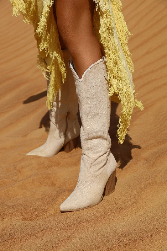 AMBER TURNER 'INTO THE DESERT' FAUX SUEDE CREAM COWBOY BOOTS