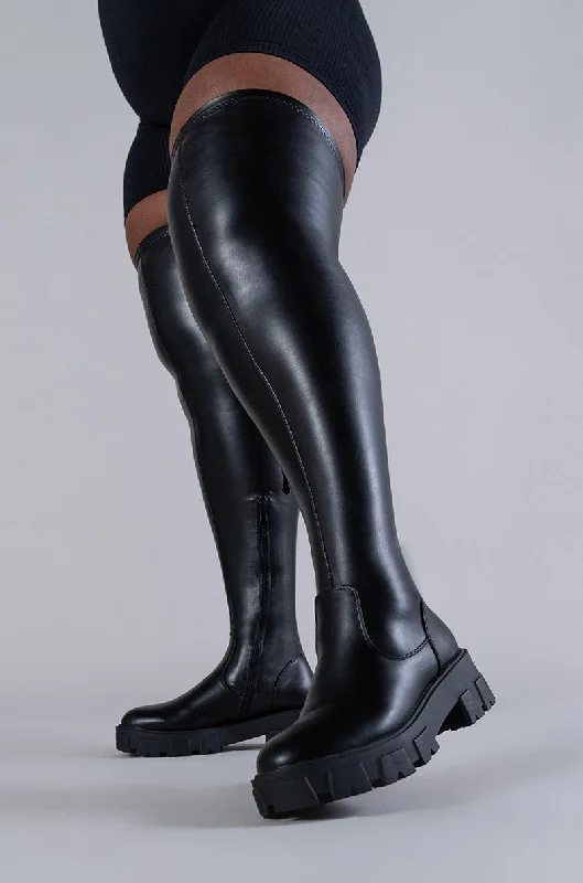 AZALEA WANG LATE NIGHTS OVER THE KNEE FLATFORM BOOT WITH 4 WAY STRETCH IN BLACK