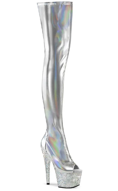 BEJEWELED-3011-7 Silver Holo Rhinestone Thigh-High Boots