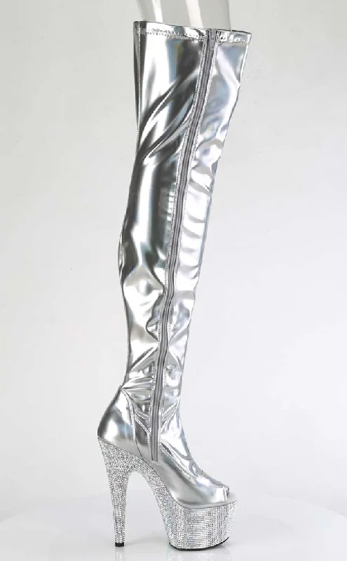 BEJEWELED-3011-7 Silver Holo Rhinestone Thigh-High Boots