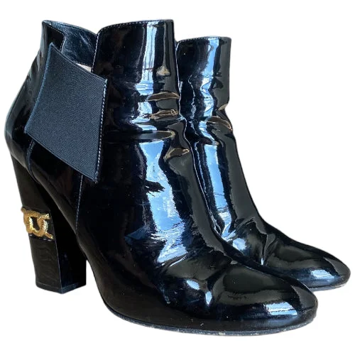 CASADEI Black Patent Leather Gold Chain Accent Block Heel Boots, Size 40