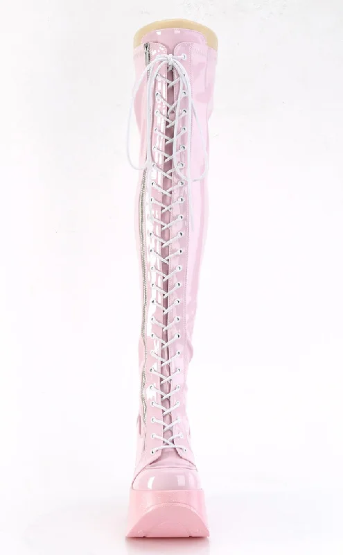 DYNAMITE-300 Baby Pink Patent Thigh High Boots