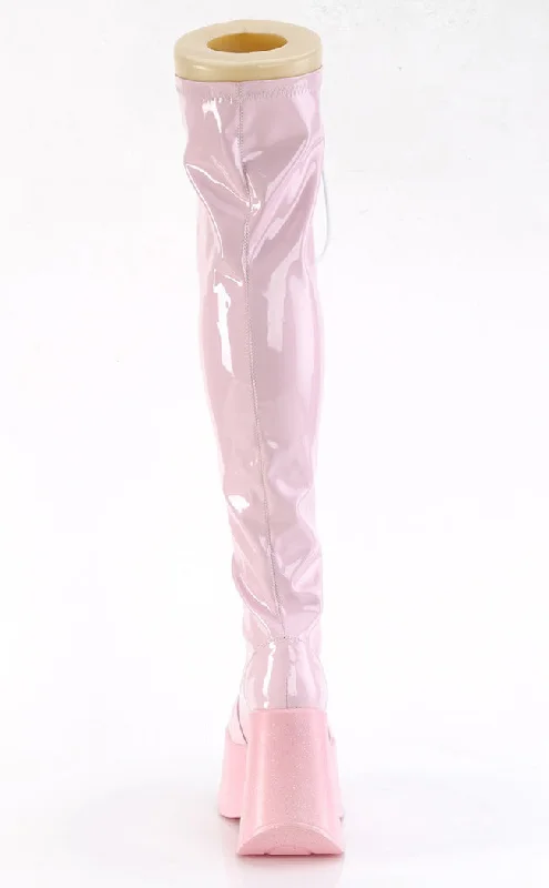 DYNAMITE-300 Baby Pink Patent Thigh High Boots