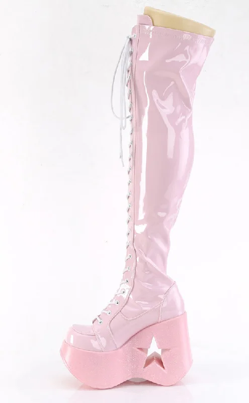 DYNAMITE-300 Baby Pink Patent Thigh High Boots