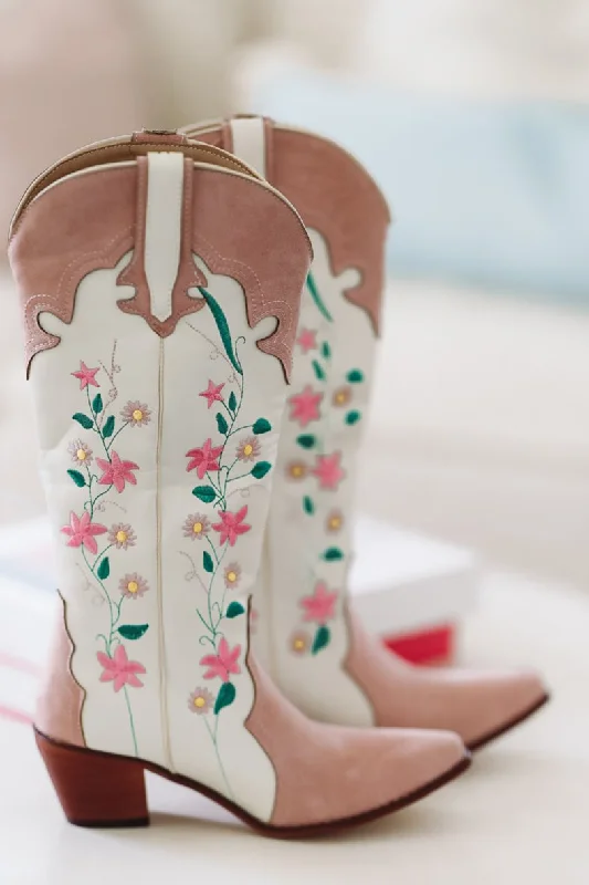 Flower Girl Embroidered Boots - Cream and Pink