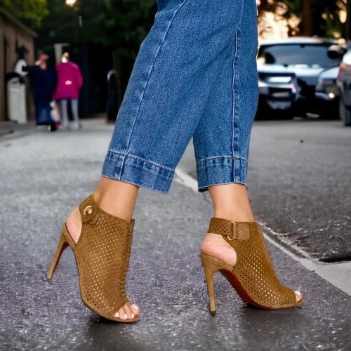 LOUIS VUITTON Brown Perforated Suede Open Toe Ankle Booties, Size 36