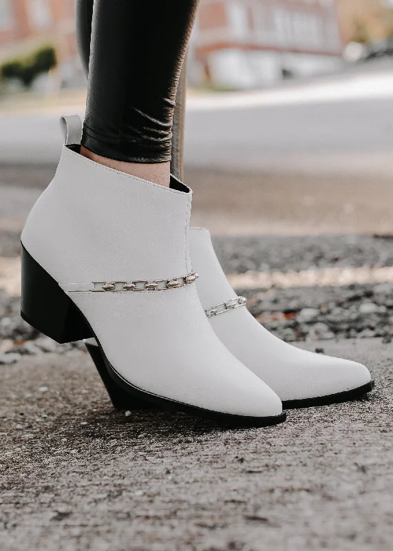 ""My Own Steps"" Leather Chain Booties - White