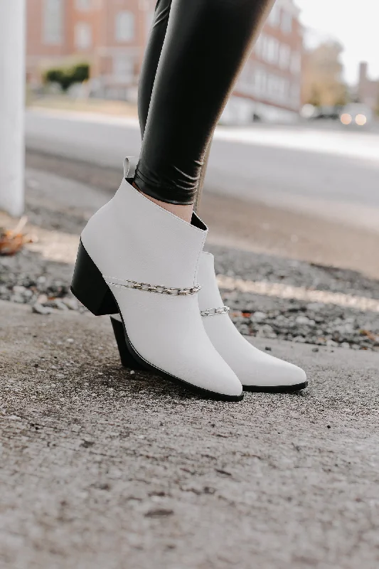 ""My Own Steps"" Leather Chain Booties - White