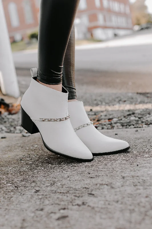 ""My Own Steps"" Leather Chain Booties - White