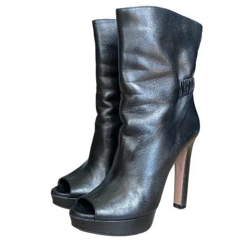 PRADA Black Leather Peep Toe Platform Heeled Ankle Boots, Size 37.5