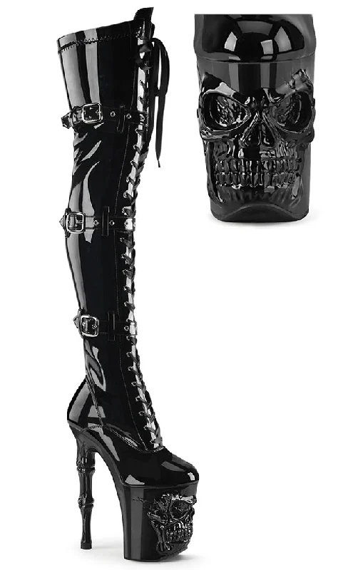 RAPTURE-3028 Black Patent Skull Thigh High Boots