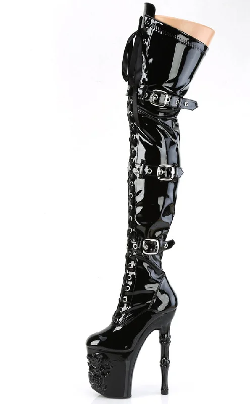 RAPTURE-3028 Black Patent Skull Thigh High Boots