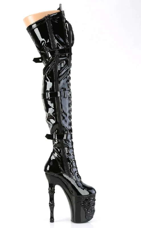 RAPTURE-3028 Black Patent Skull Thigh High Boots