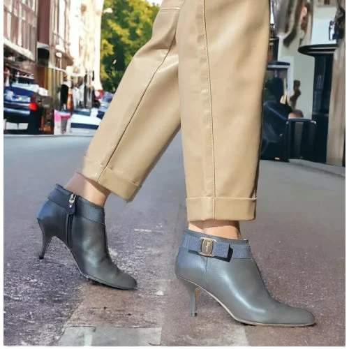 SALVATORE FERRAGAMO Anthracite Leather Bow Detail Ankle Booties, Size 6.5 C