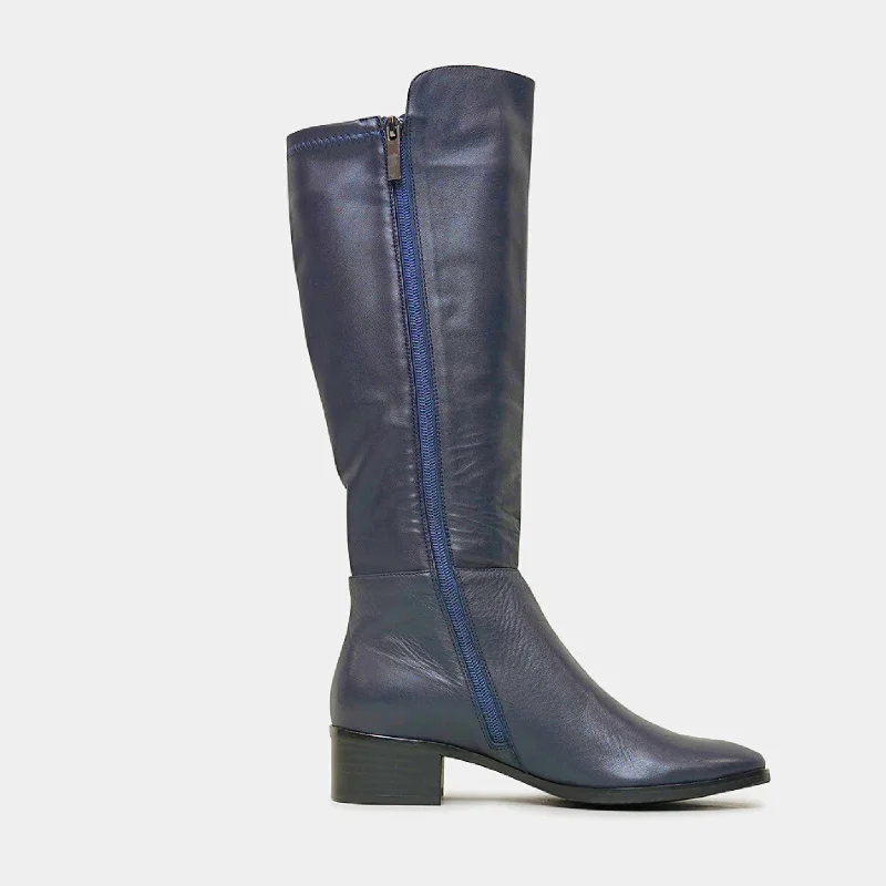 Tetley Navy Leather/ Stretch Knee High Boots