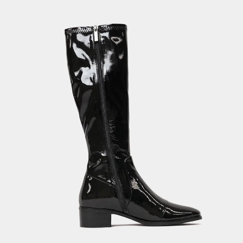 Timothie Black Stretch Patent Knee High Boots