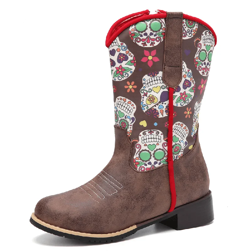 Women Retro Flower Printing Pointed Toe Zipper Mid-Calf Cowboy Boots