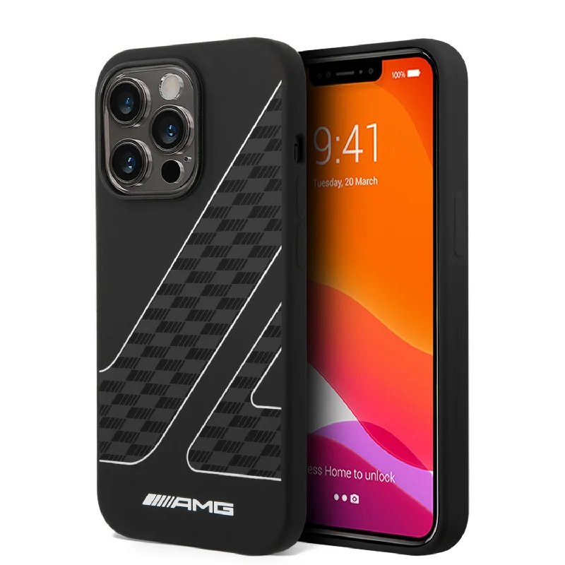 iPhone 14 Pro - Silicone Black Case Checkered Flag Pattern - AMG