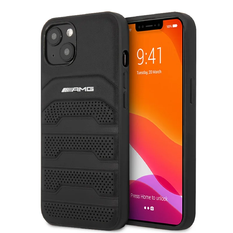 iPhone 14 Plus - Leather Black Case With Perforated Black Debossed Lines Hot Stamped White Logo - AMG