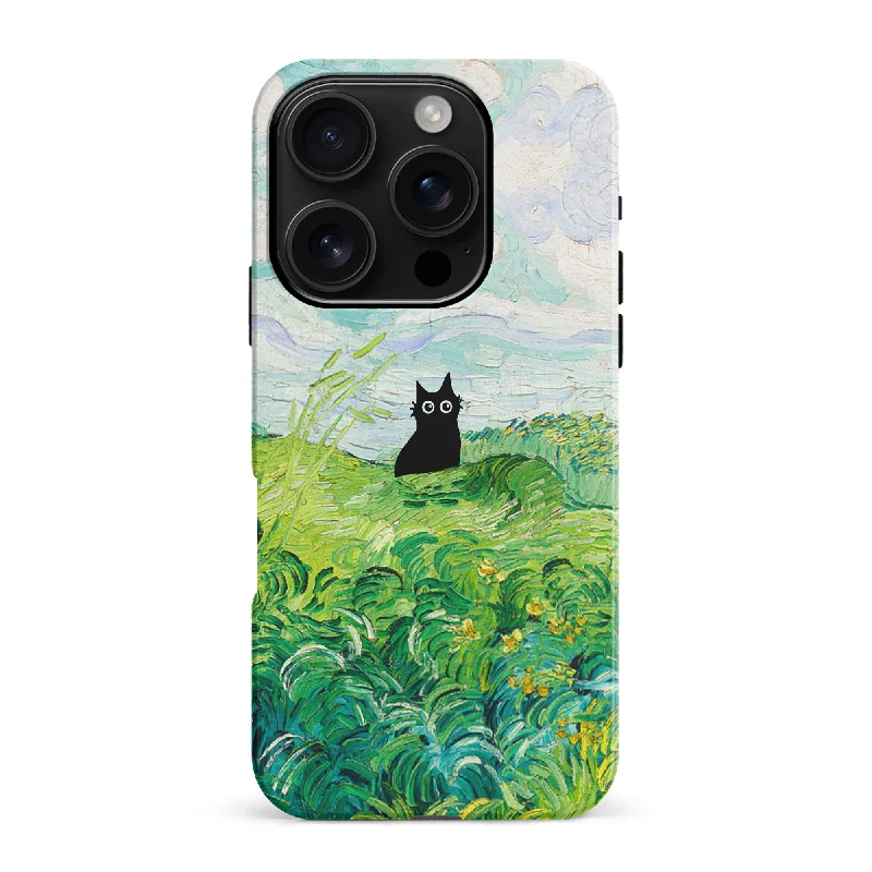 Black Cat In Green Wheat Fields Phone Case