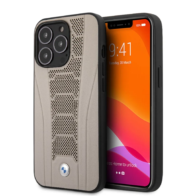 iPhone 13 Pro - Leather Case Beige Seat Pattern Tone On Tone Perforations Debossed Lines - BMW