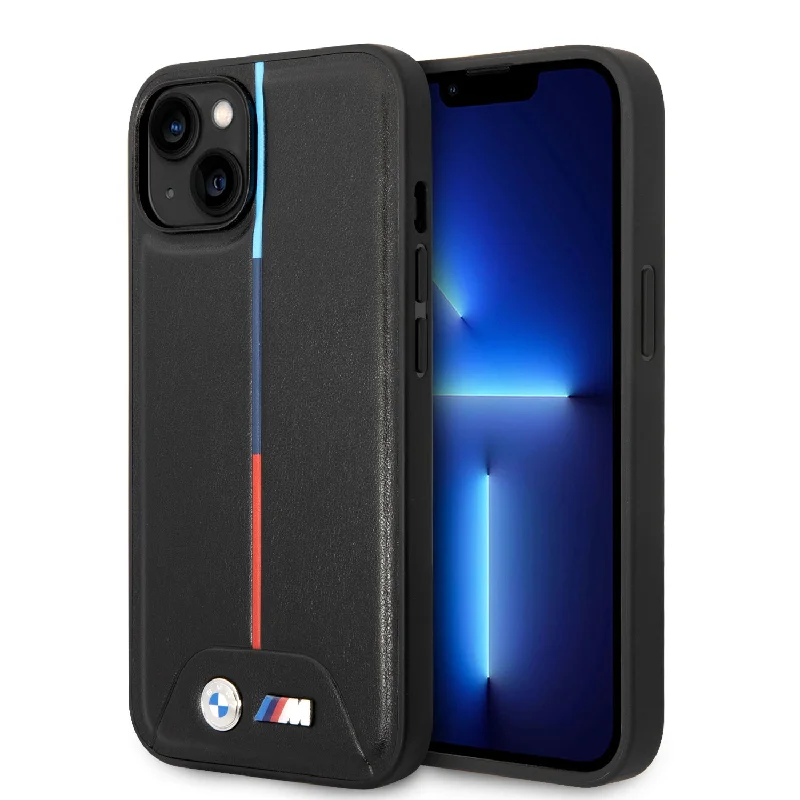 iPhone 14 Plus - PU Leather Black M Collection Quilted Pu Case With Hot Stamped Tricolor Stripe And Metal Logos - BMW