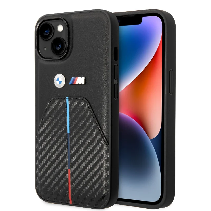 iPhone 14 - PU Leather Black M Collection Quilted Pu Carbon Case With Hot Stamped Tricolor Stripe And Metal Logos - BMW