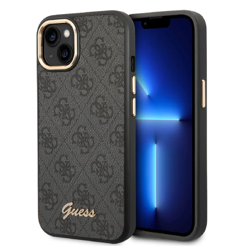 iPhone 14 Plus - PC/TPU Black 4G Pu Case Metal Camera Outline & Buttons - Guess