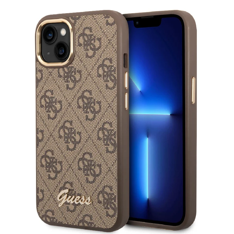 iPhone 14 Plus - PC/TPU Brown 4G Pu Case Metal Camera Outline & Buttons - Guess