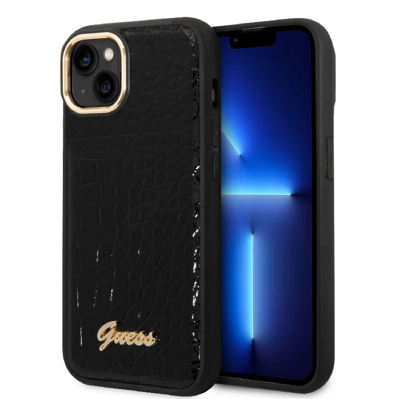 iPhone 14 Plus - PU Leather Black Pu Croco Case With Metal Camera Outline - Guess