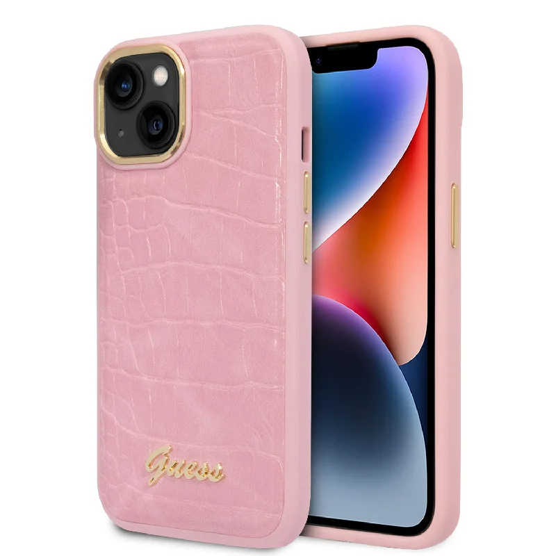 iPhone 14 Plus - PU Leather Pink Pu Croco Case With Metal Camera Outline - Guess