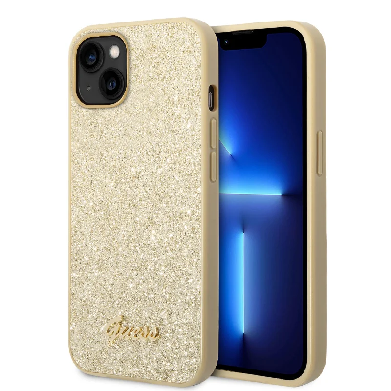 iPhone 14 Plus - PC/TPU Gold Glitter Flakes Case Script Metal Logo - Guess