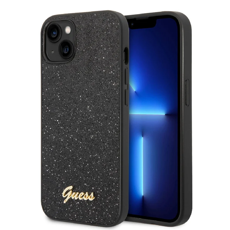 iPhone 14 Plus - PC/TPU Black Glitter Flakes Case Script Metal Logo - Guess